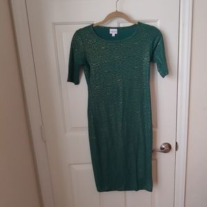 LuLaRoe Julia fitted dress green gold metallic XXS